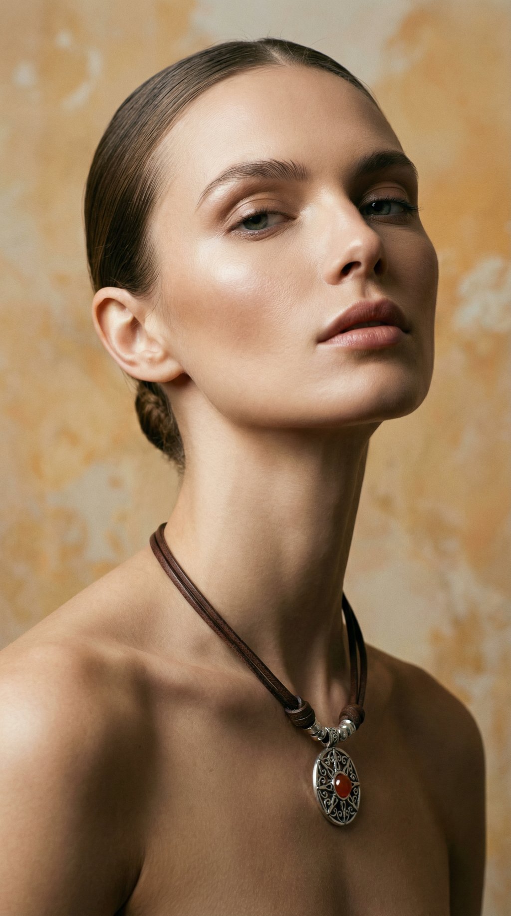 AI product shot of Carnelian sun pendant leather necklace