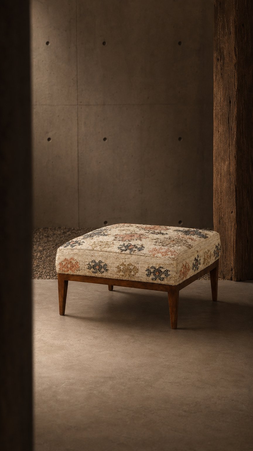 AI product shot of Kilim Upholstered Ottoman with Moroccan-Inspired Motifs in Neutral Tones