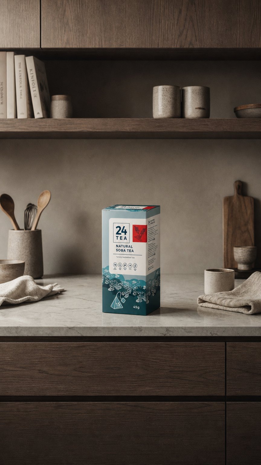 AI product shot of Natural Soba tea teapiramis