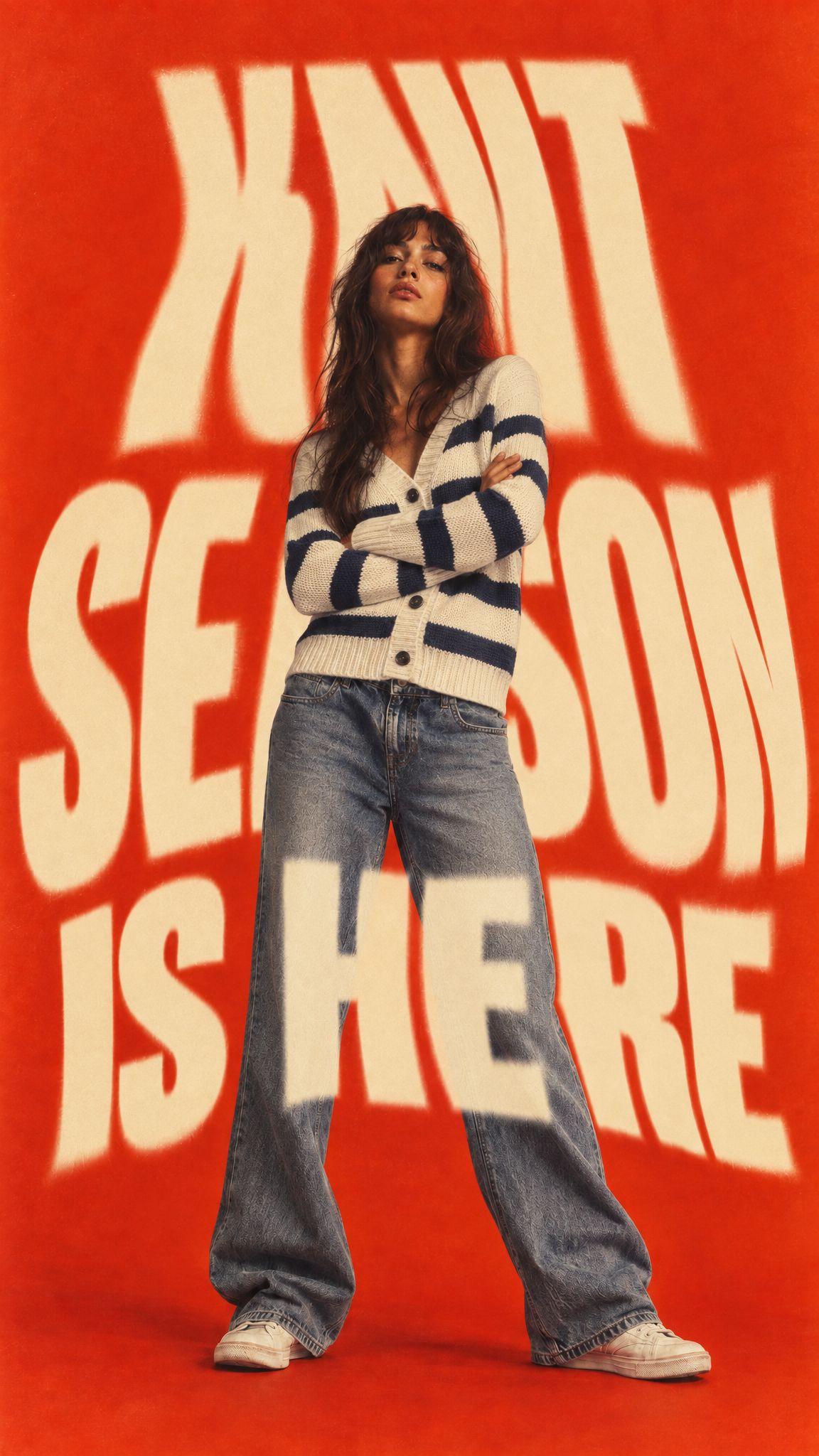 Orange poster reading New collection dropping now behind a model, and the same poster reading Knit season is here with the model in a striped cardigan - After