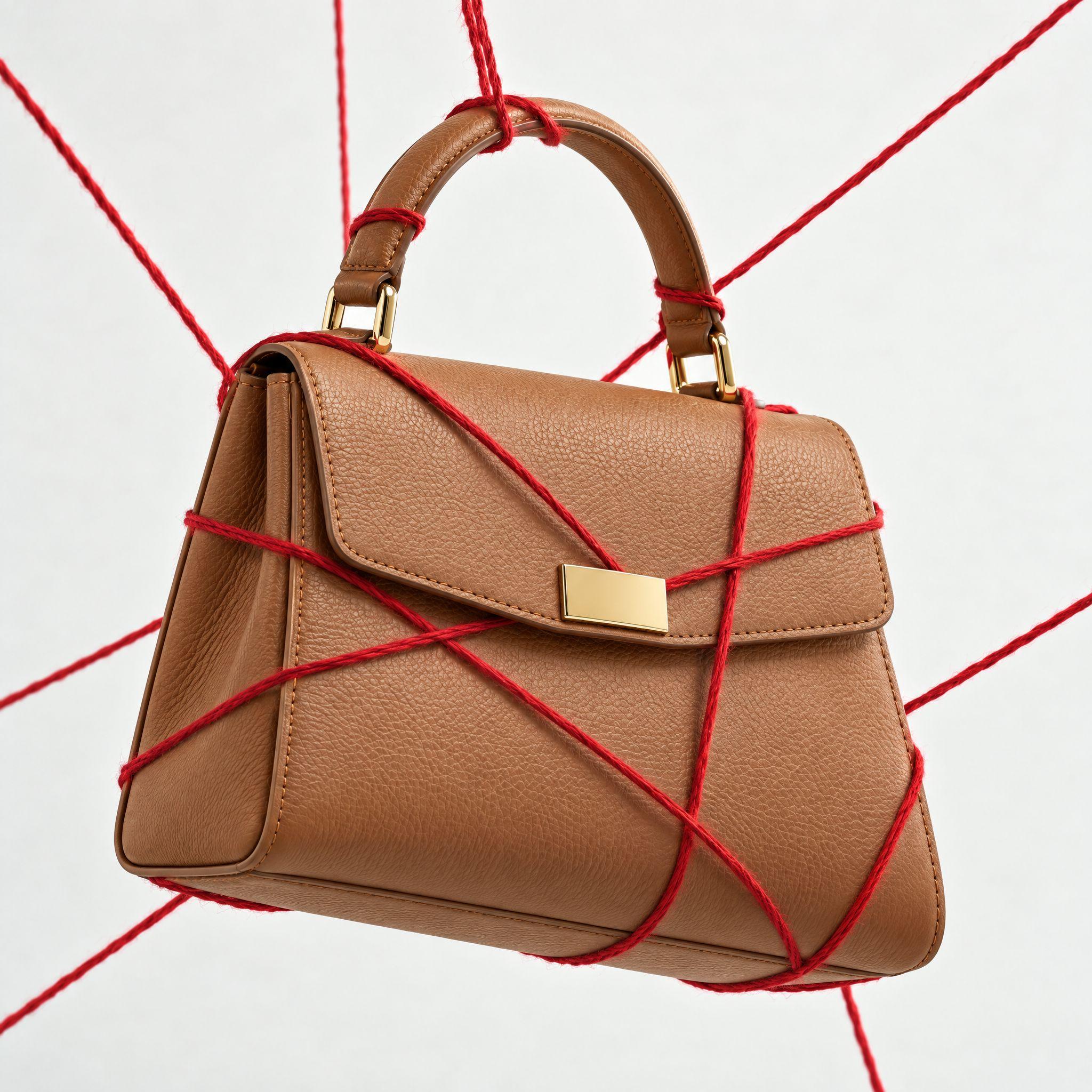 Bottle wrapped in red string against a white backdrop, and a tan top-handle bag shot in the same style - After
