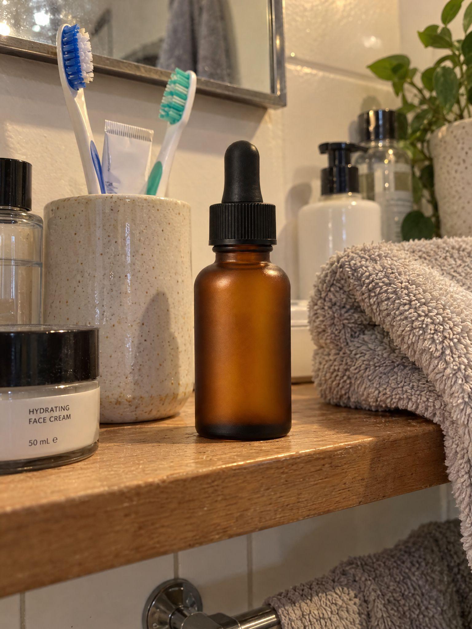 Amber dropper bottle on a bathroom shelf beside a toothbrush cup, a towel and a jar of face cream, and the same bottle as a packshot on a white background - Before