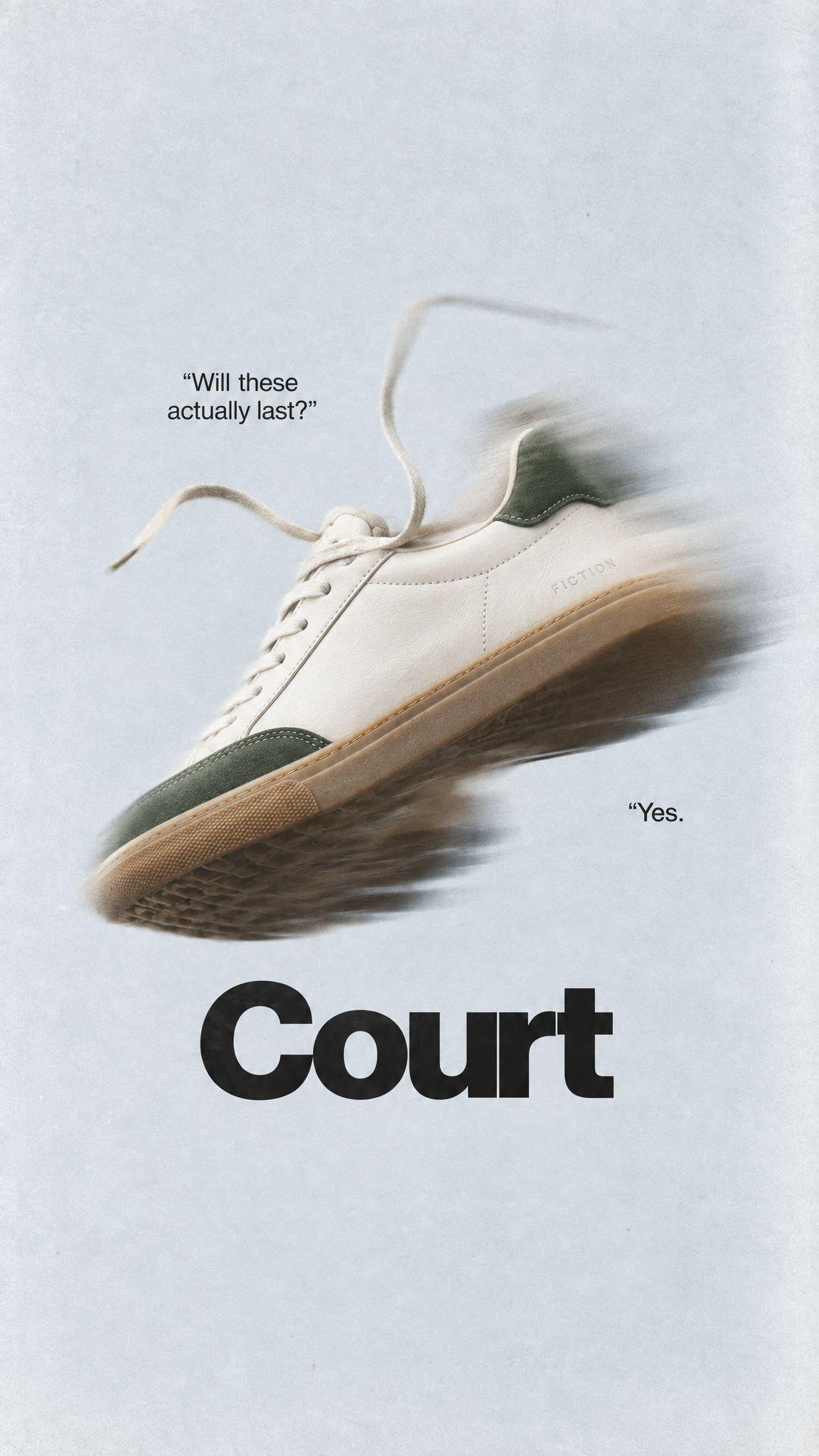 Ad with a gray running shoe in motion above the wordmark Acme, and the same ad with a white court sneaker and the wordmark Court - After