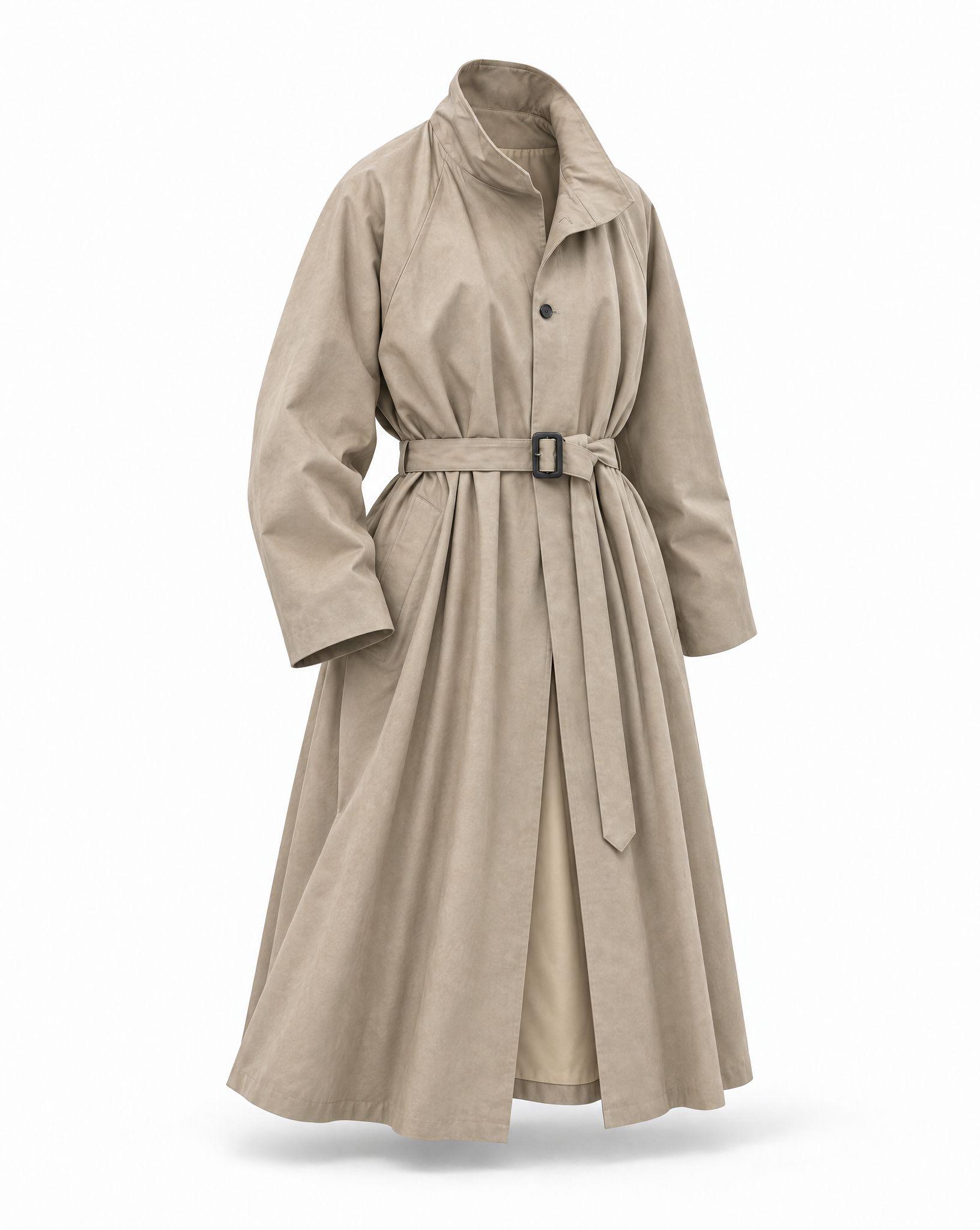 Greige belted trench coat laid flat, and the same coat as a ghost mannequin shot at a three-quarter angle with the lining visible inside the collar - After