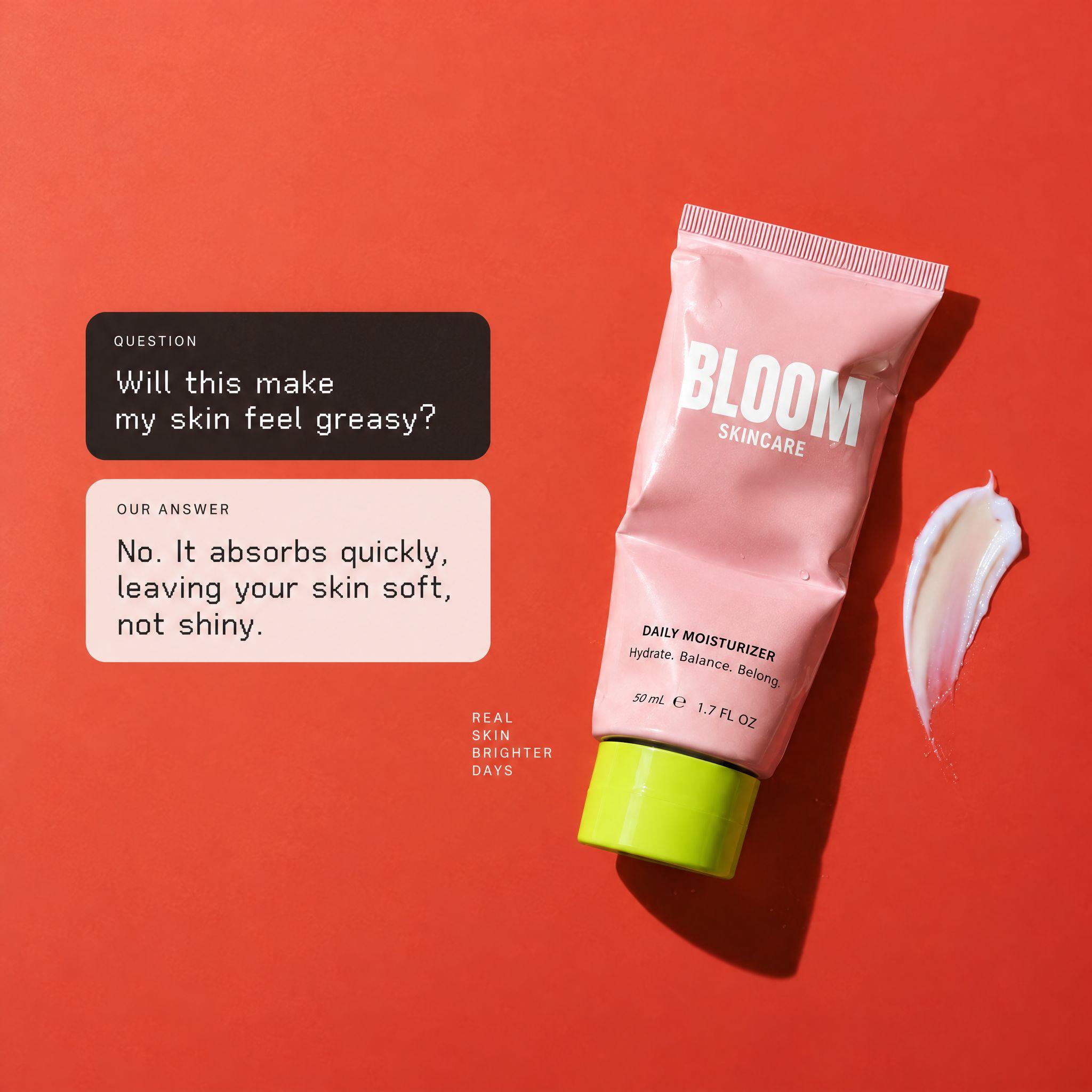 Portrait skincare ad with chat bubbles on coral red, and the same ad recomposed as a square - After