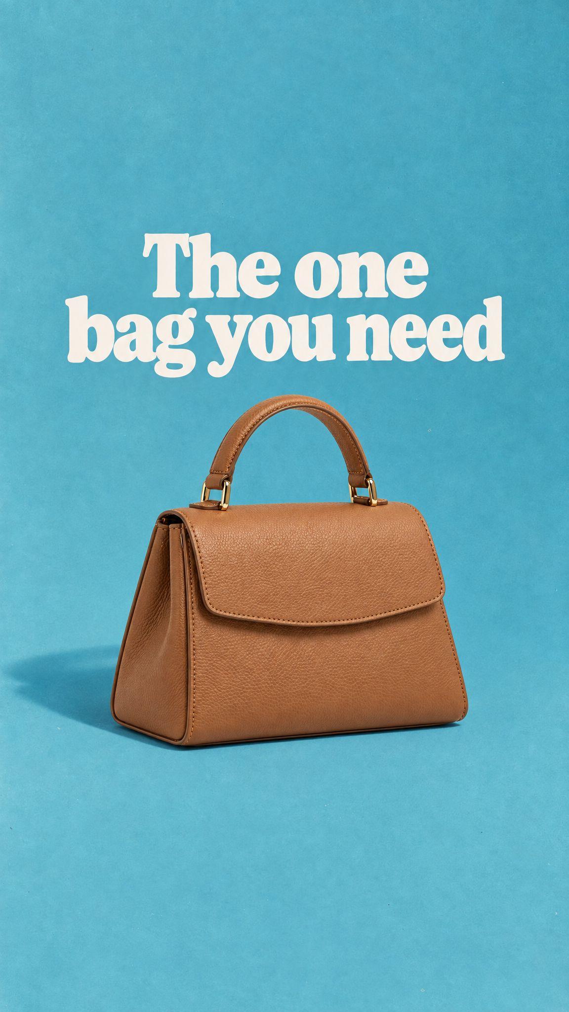 Teal poster reading The one bag you need with a red duffel, and the same poster with a tan top-handle bag - After