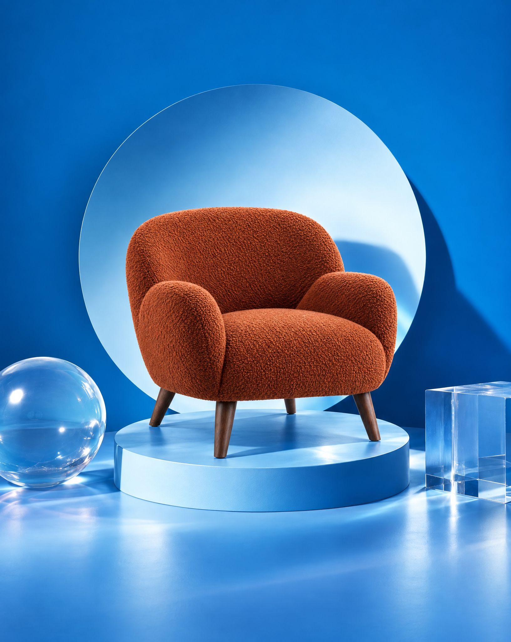 Rust bouclé armchair on a white background, and the same armchair on a pedestal in a cobalt-blue studio - After