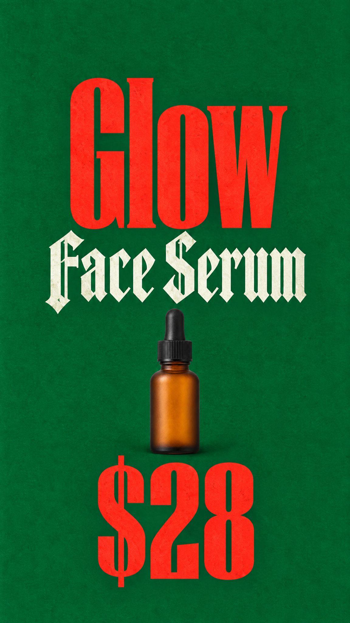 Green poster idea from the Kive library reading Ceramic mug $32 next to its remix reading Glow face serum $28 with an amber dropper bottle - After