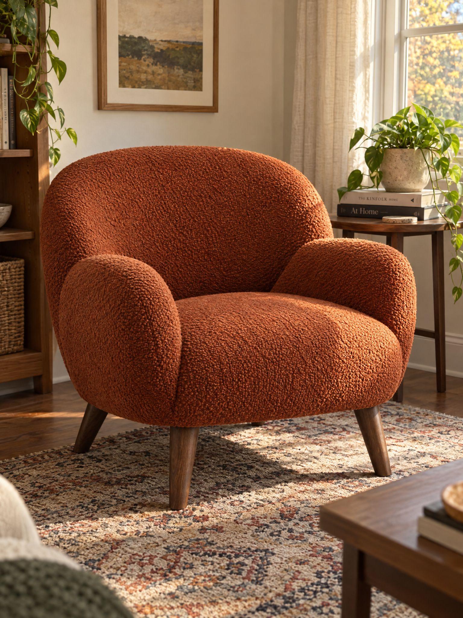Rust bouclé armchair in a living room with a rug, a side table and a plant, and the same armchair alone on a white background - Before