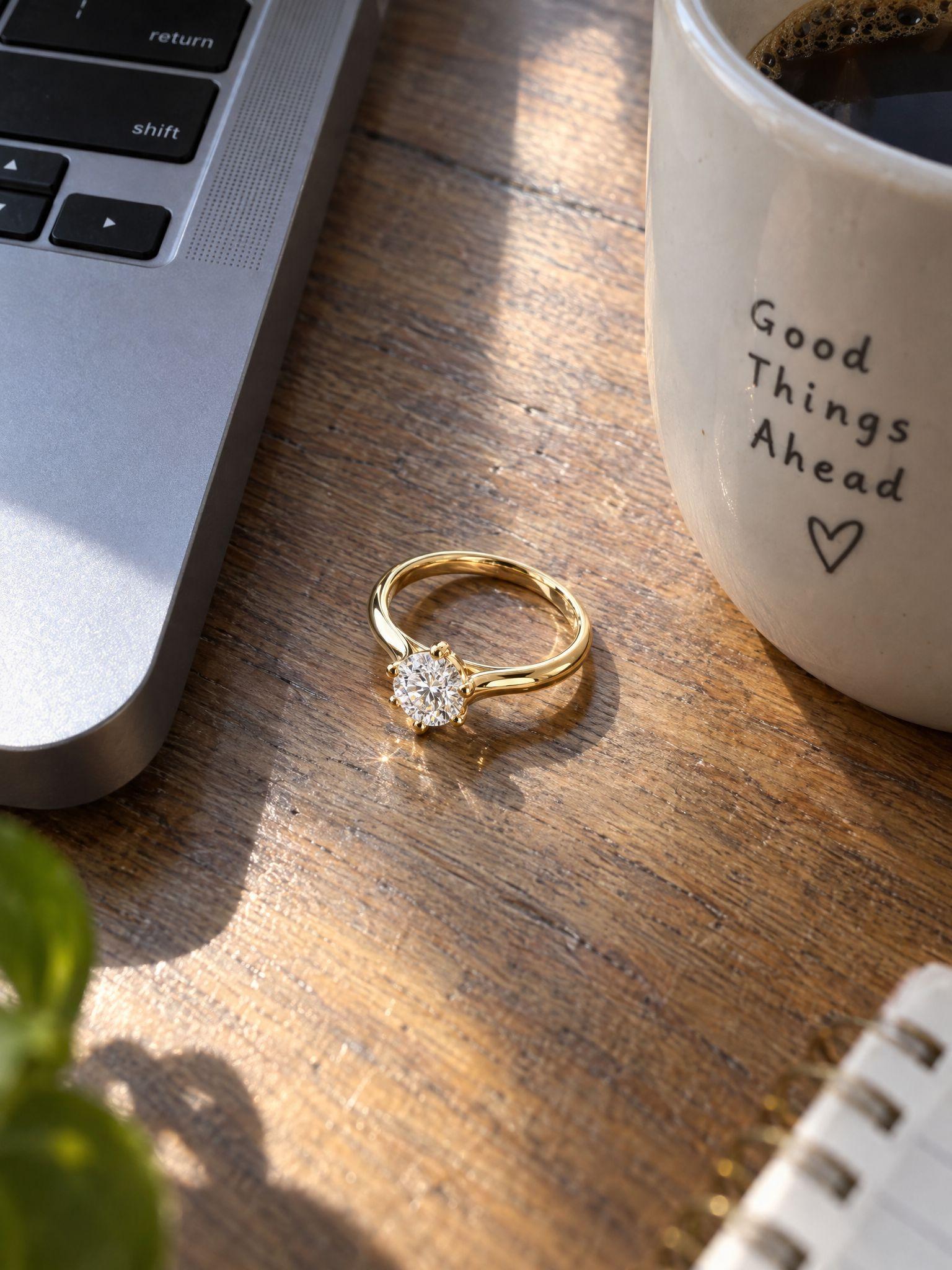 Gold solitaire ring lying on a wooden desk between a laptop and a coffee mug, and the same ring standing upright as a packshot on white - Before