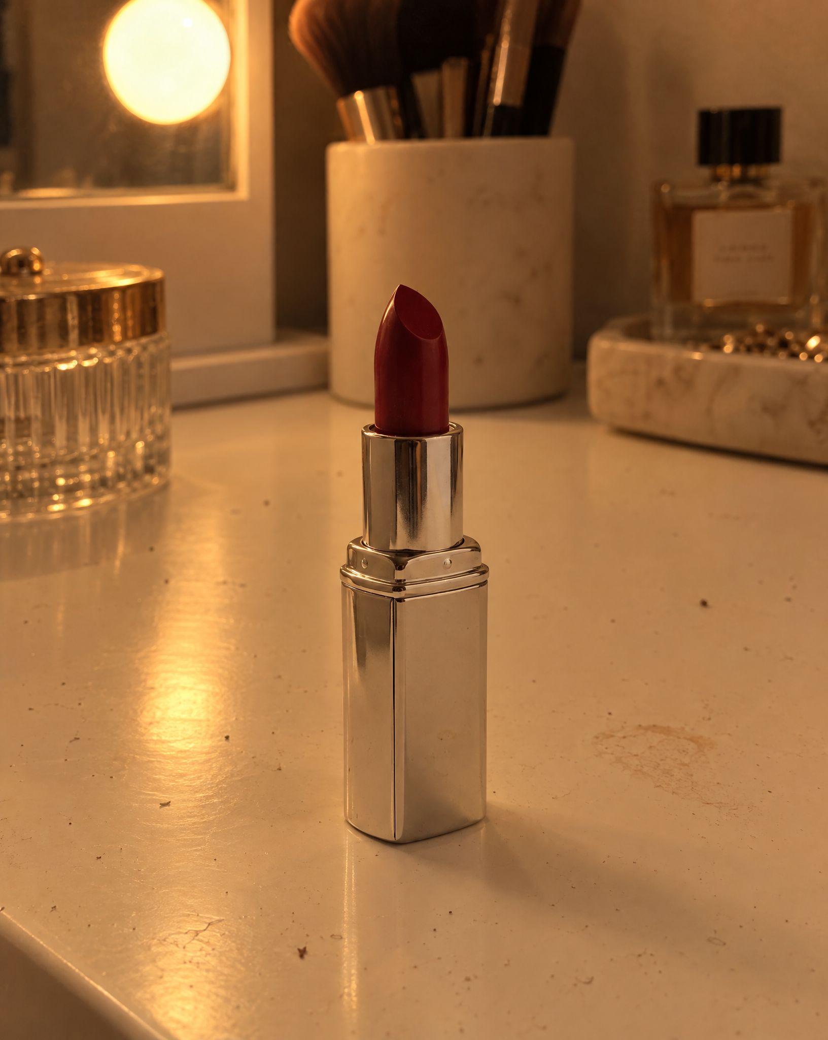 Red lipstick on a vanity under warm yellow light with dust and a smudge on the surface, and the same shot in neutral light with a clean surface - Before