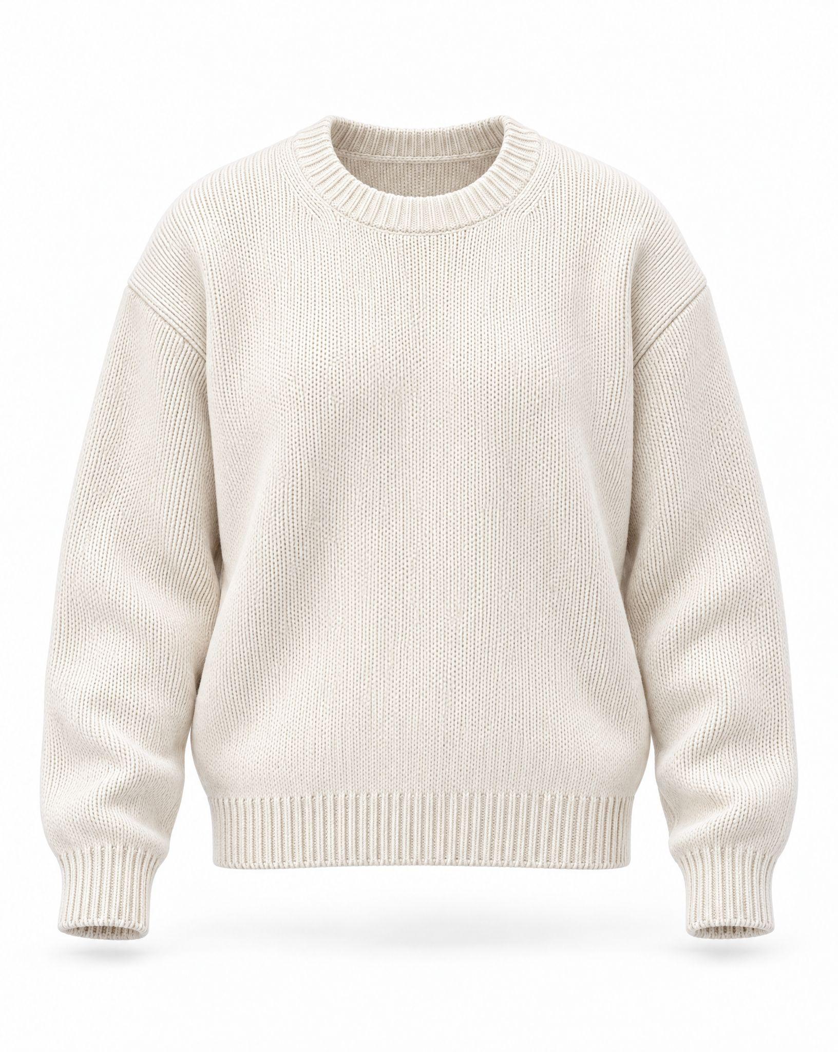 Cream knit crewneck sweater laid flat, and the same sweater as a ghost mannequin shot with the inside of the ribbed neckline visible - After