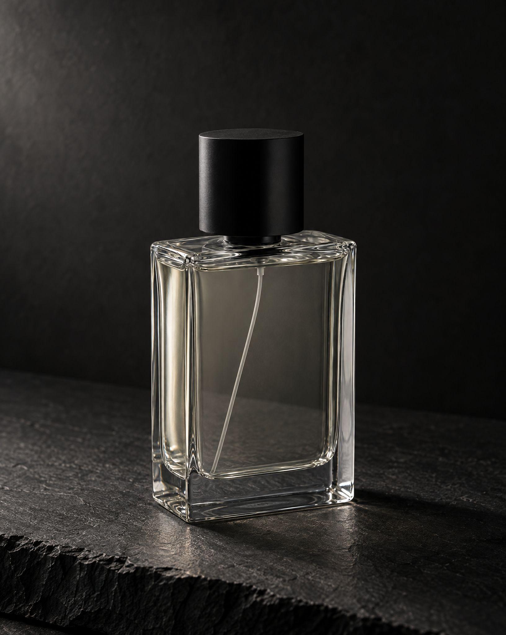 Glass perfume bottle on dark slate against a charcoal backdrop, and the same bottle on a light gray studio background - Before