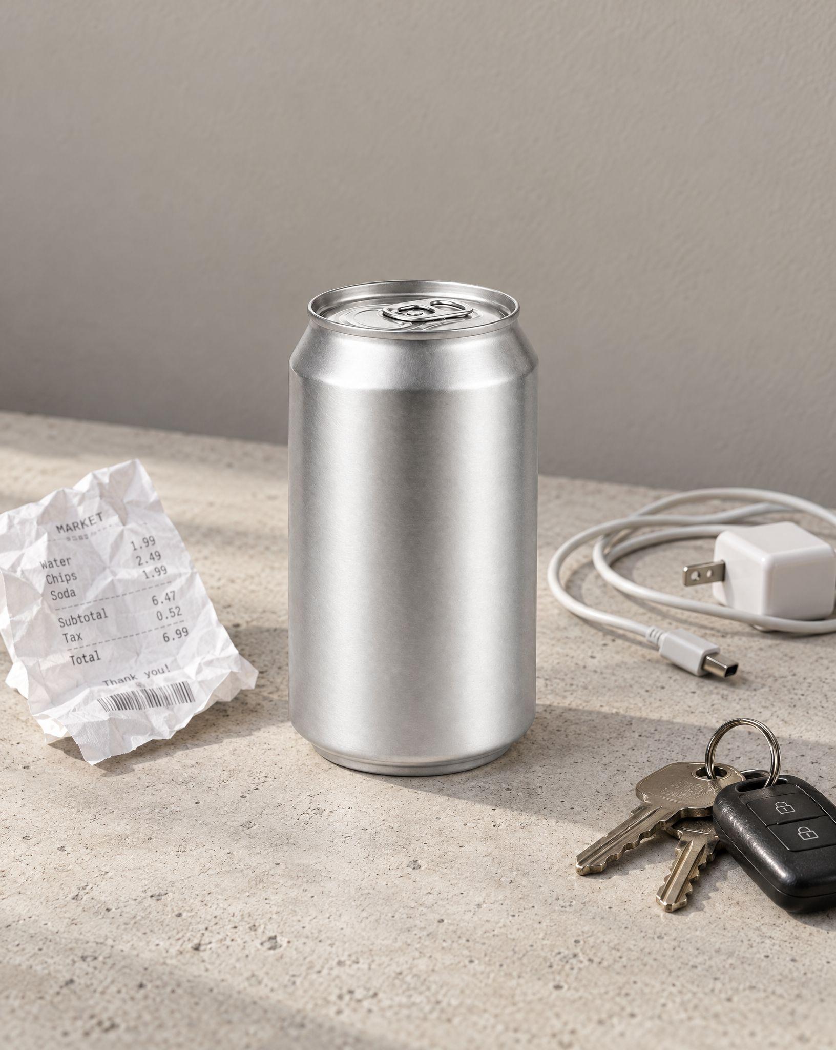 Silver can on a concrete surface next to a crumpled receipt, a phone charger and a set of keys, and the same shot with the clutter removed - Before
