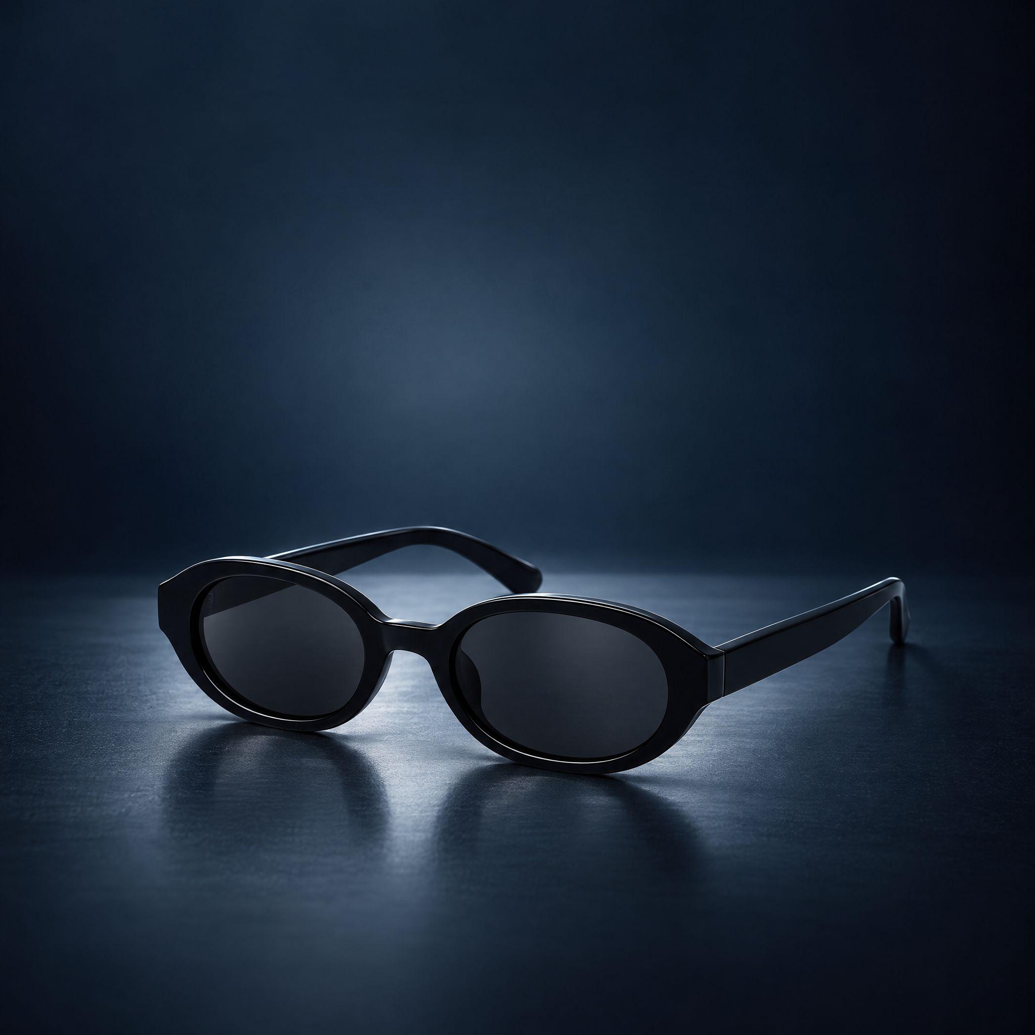 Black oval sunglasses on a plain white background, and the same sunglasses on a glossy floor in a dark navy studio - After