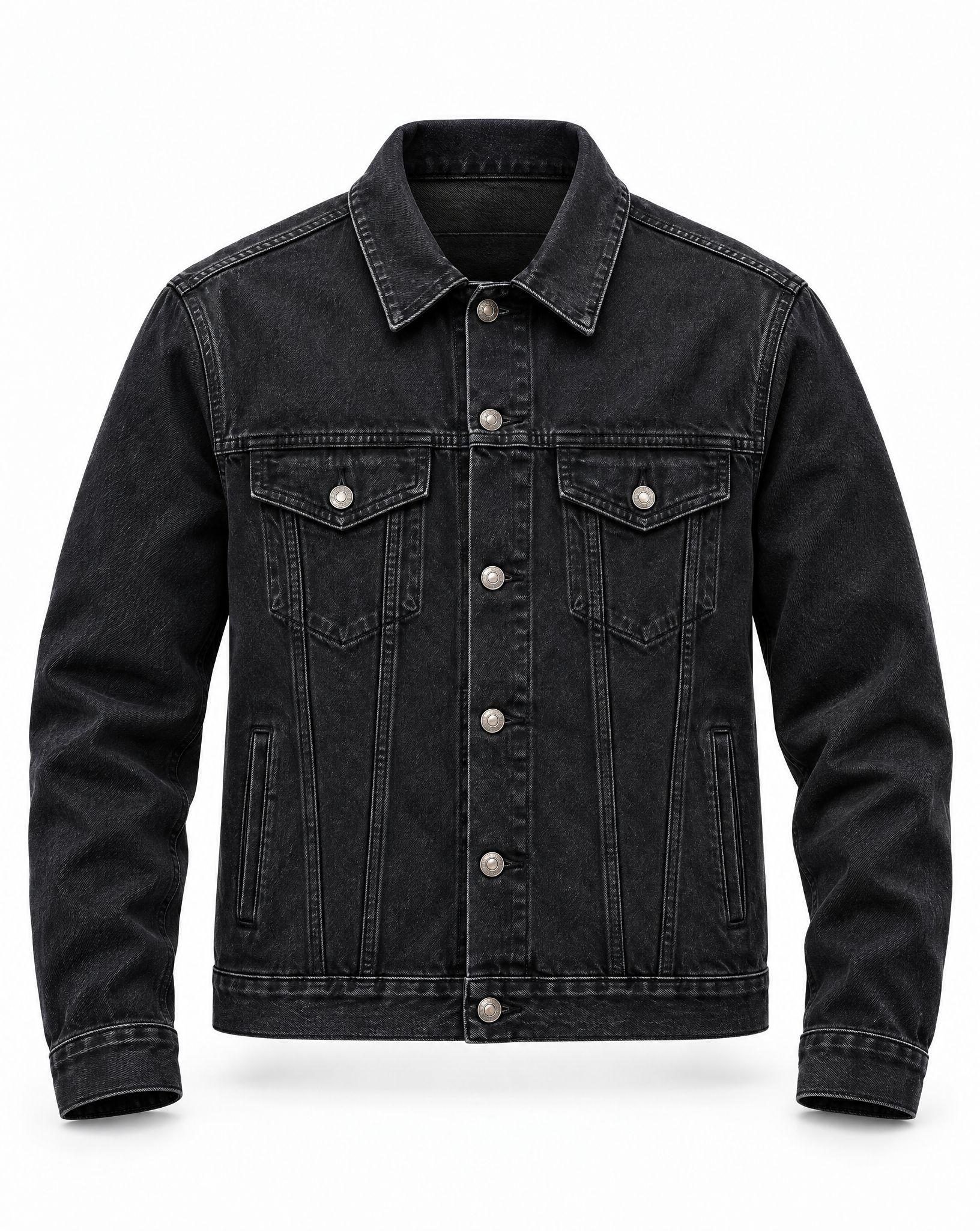 Black denim jacket laid flat on white, and the same jacket as a ghost mannequin shot with a filled-out body and the inside of the collar visible - After