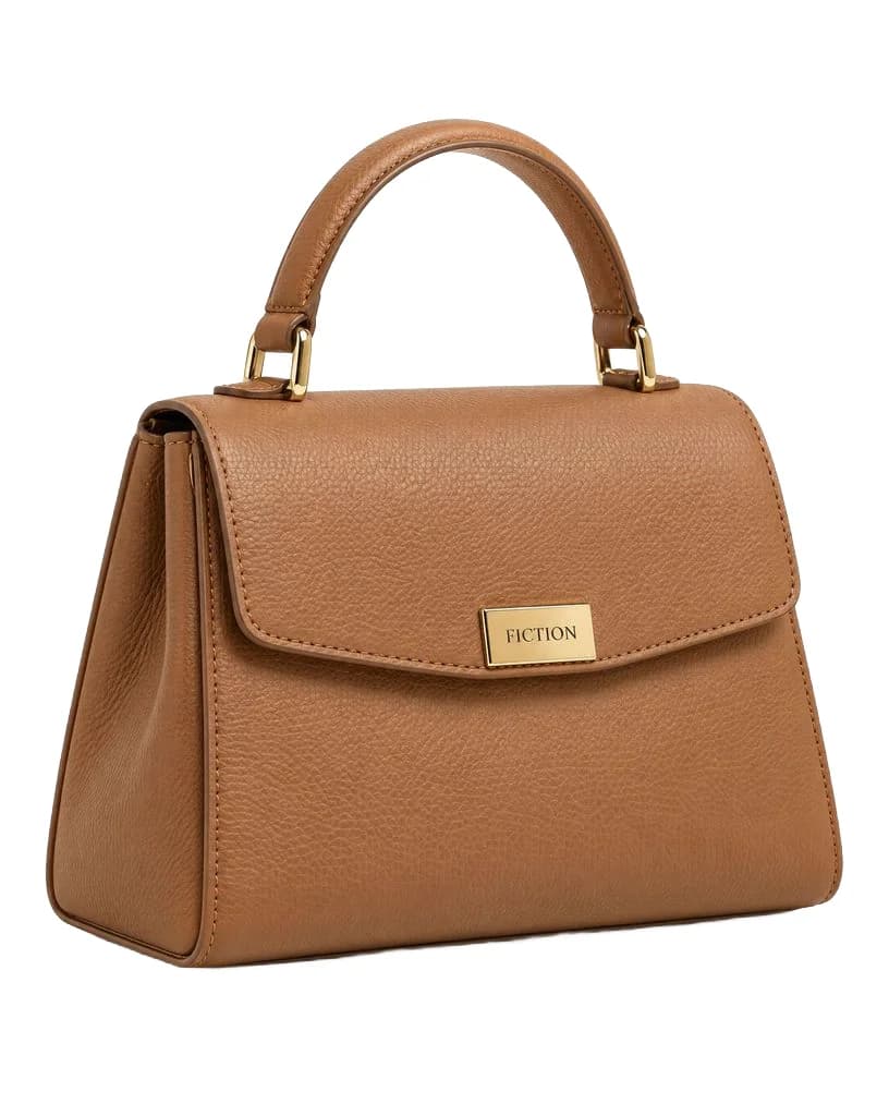Tan leather top-handle bag on a cream backdrop, and the same bag on a pure white background - After