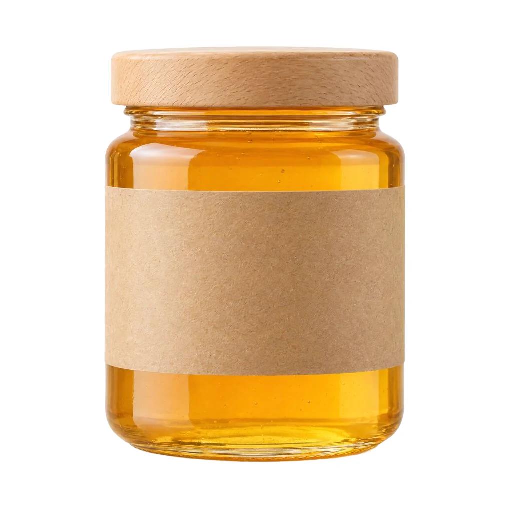 Glass honey jar with a wooden lid and a blank kraft label on an off-white background, and the same jar on a pure white background - After