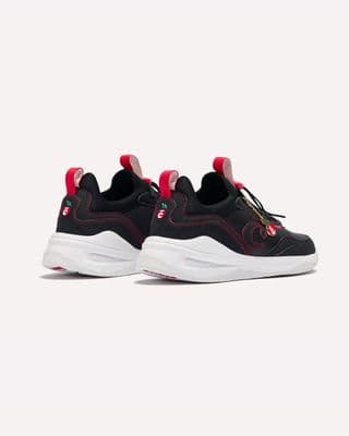 a pair of black and red sneakers