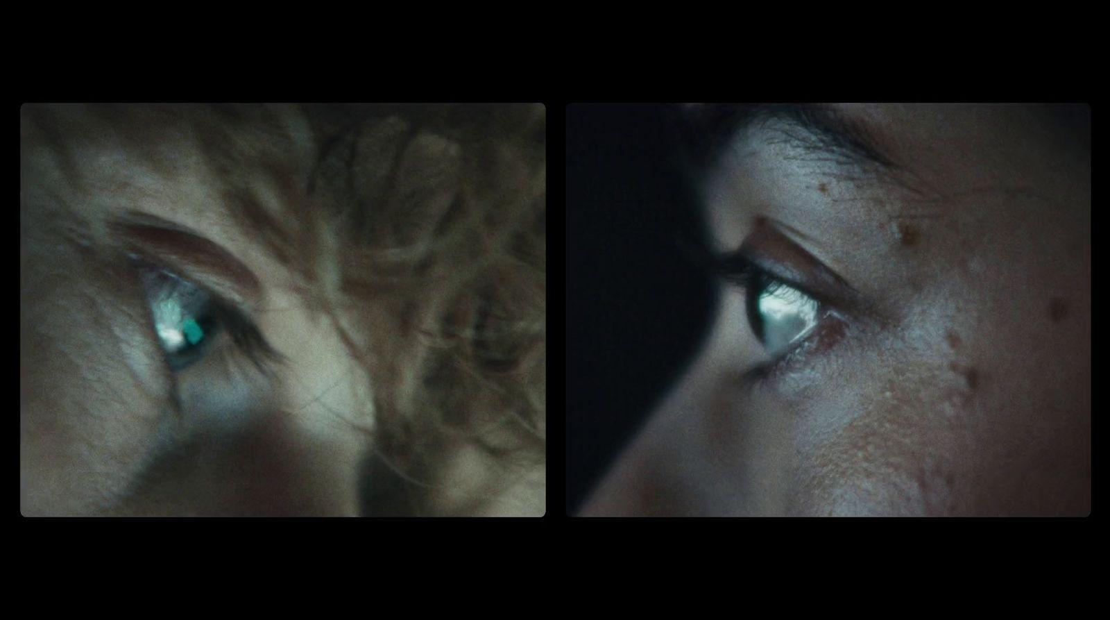 two images of a woman with green eyes