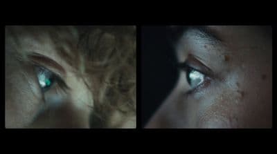 two images of a woman with green eyes