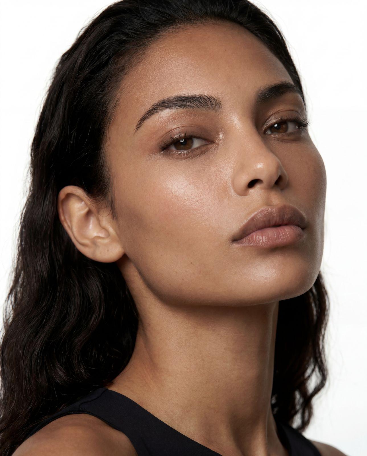 a close up of a woman wearing a black top
