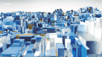 a blue and yellow abstract cityscape with a white background