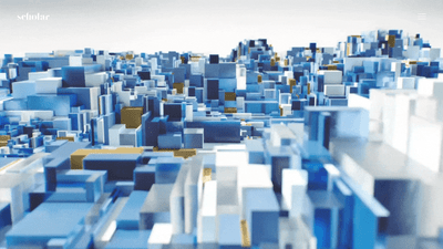 a blue and yellow abstract cityscape with a white background