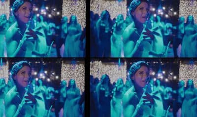 a series of photos of a woman in a blue dress
