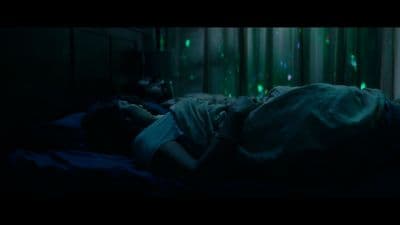 a person laying in a bed in a dark room