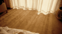 a room with a bed and a window with curtains