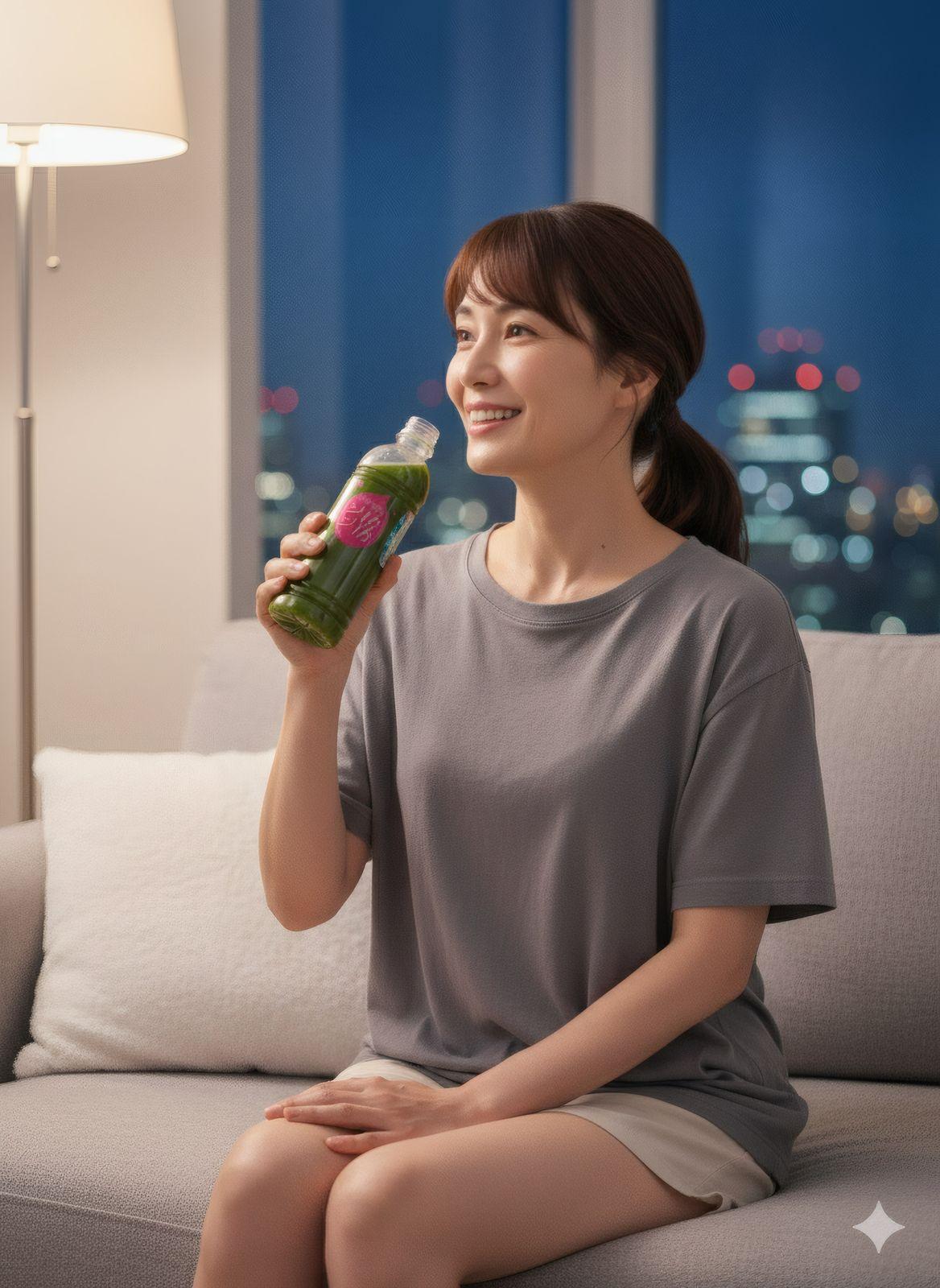a woman sitting on a couch holding a bottle