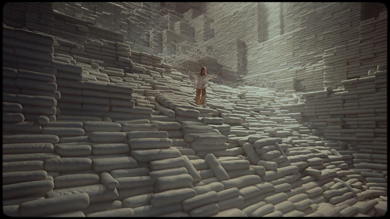 a person standing on a large pile of cement