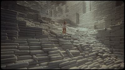 a person standing on a large pile of cement