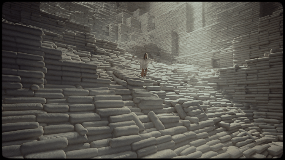 a person walking up a very large pile of bricks