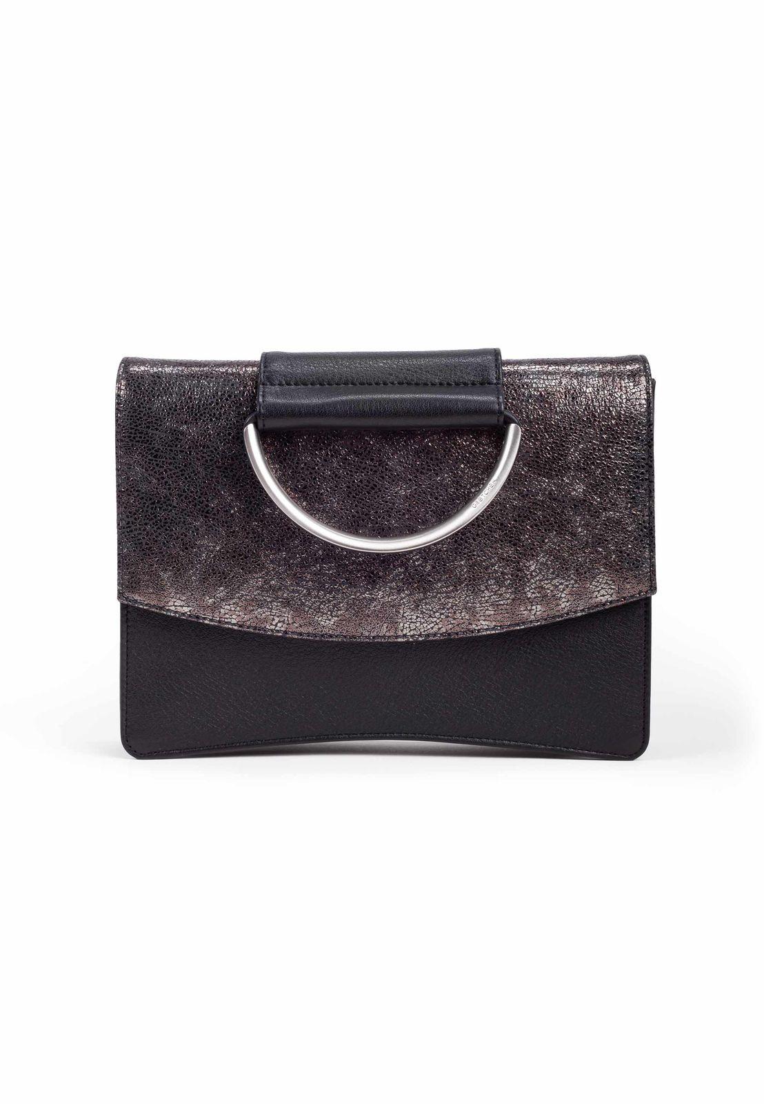 a black and silver purse with a circular handle