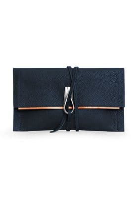 a black leather wallet with a metal clasp