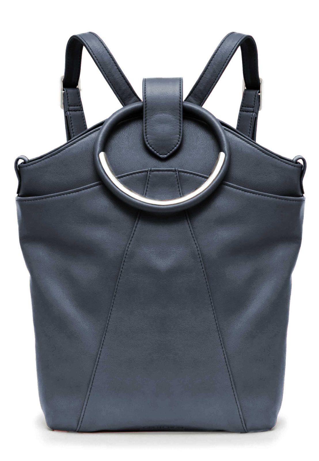 a gray handbag with a circular handle