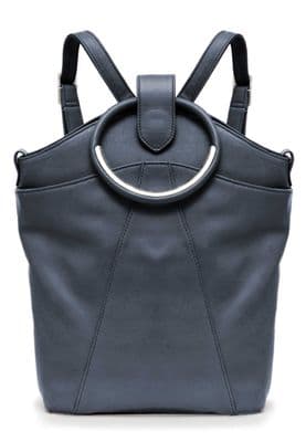 a gray handbag with a circular handle