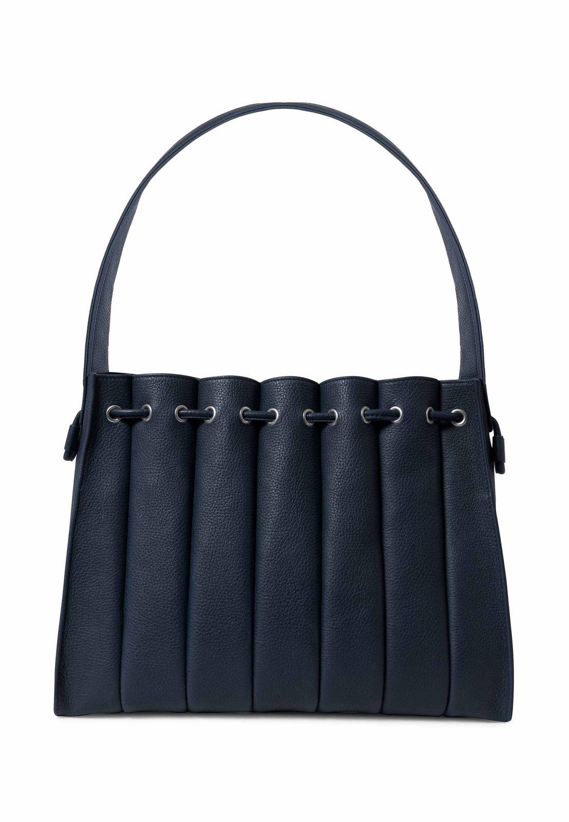 a black leather handbag with four handles