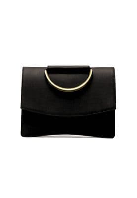a black purse with a gold ring on it