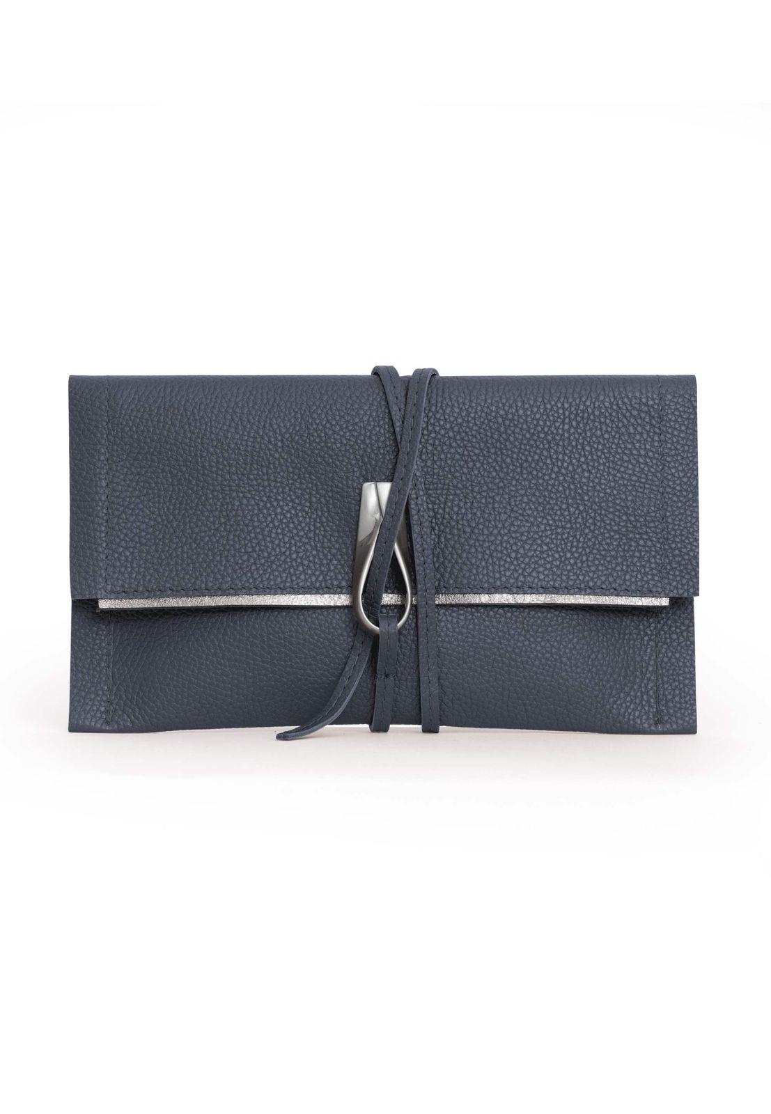 a blue leather wallet with a metal clasp
