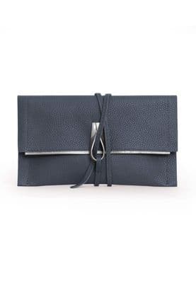 a blue leather wallet with a metal clasp
