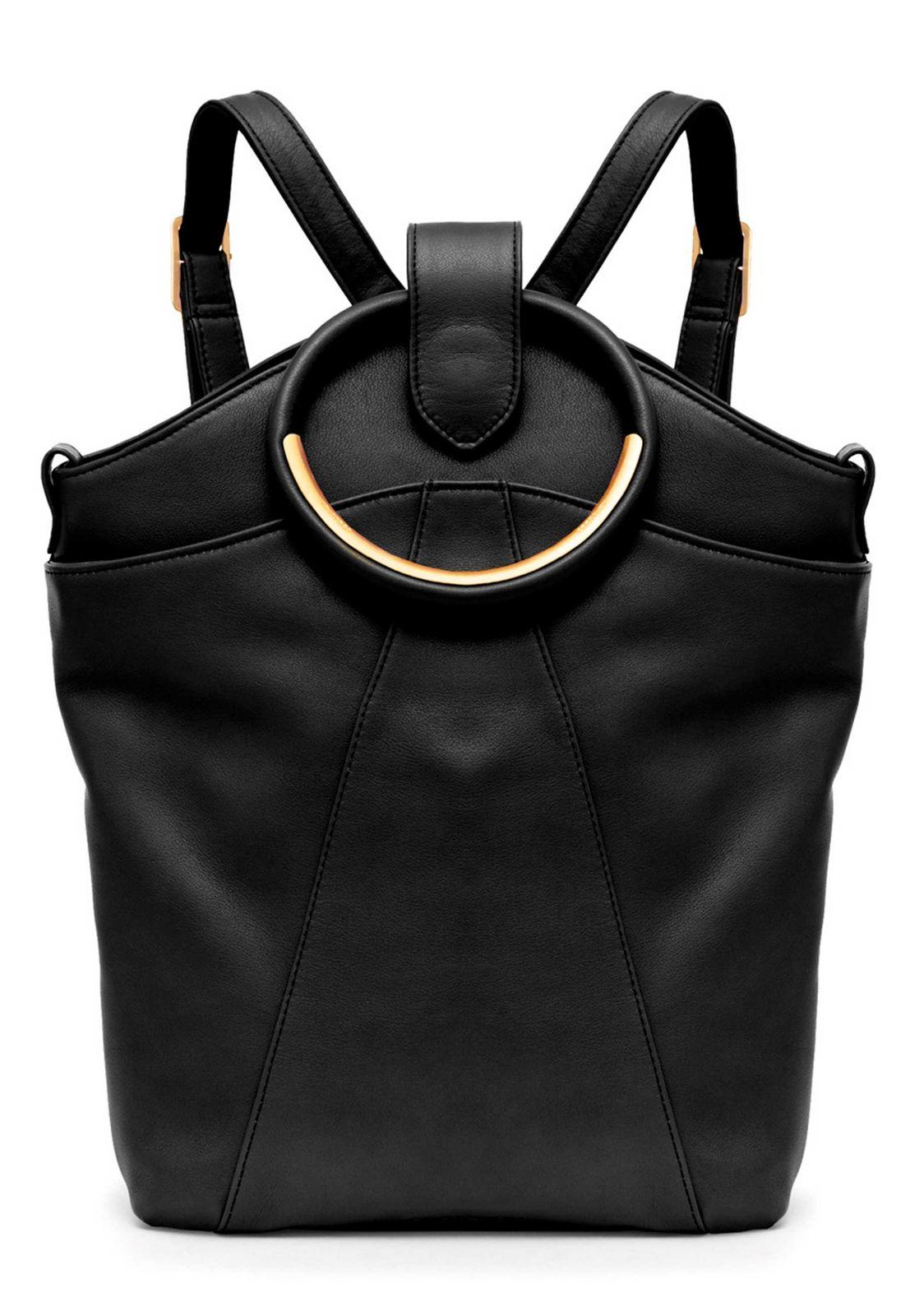 a black handbag with a circular handle