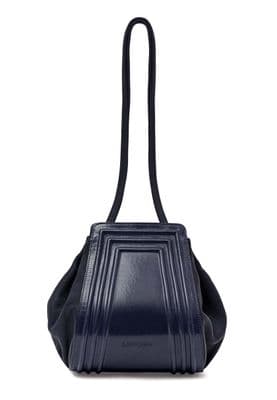 a blue handbag with a black strap