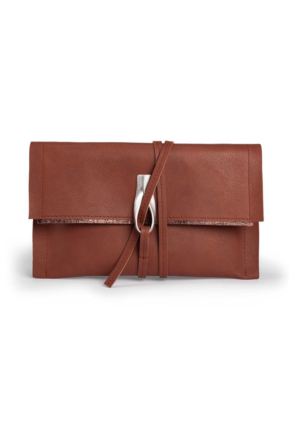a brown clutch bag with a metal clasp