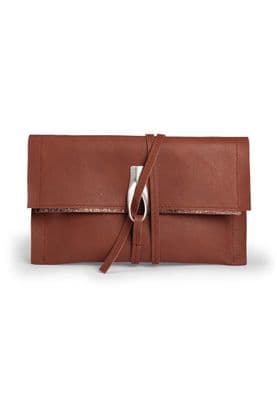 a brown clutch bag with a metal clasp