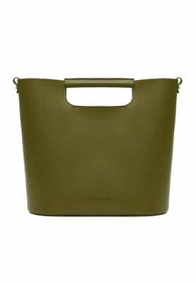 a green leather bag with a handle