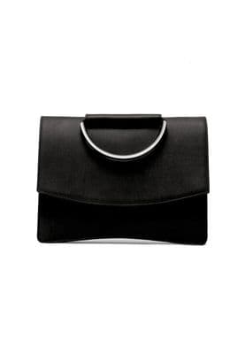 a black purse with a metal handle on a white background