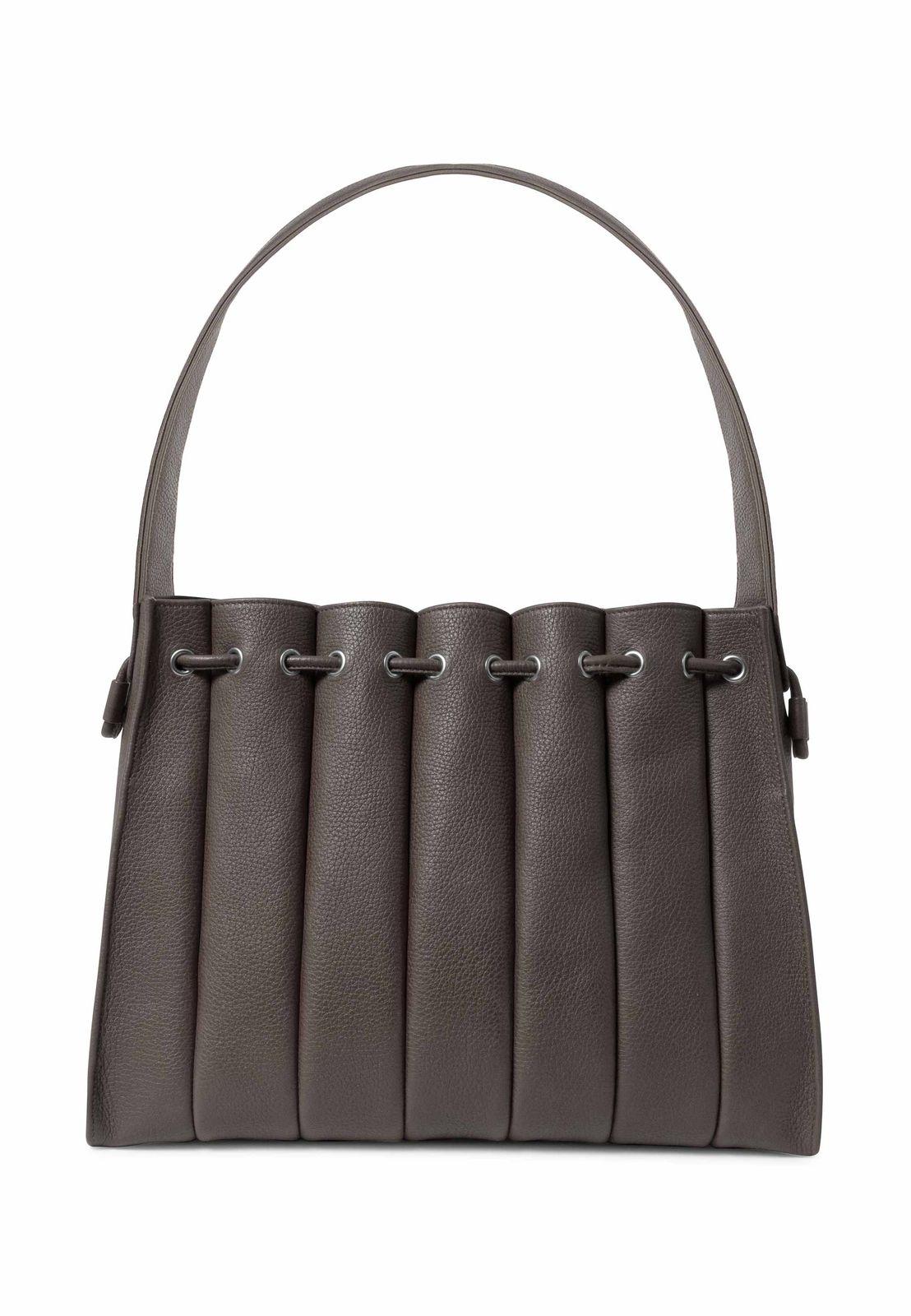 a gray handbag with four handles